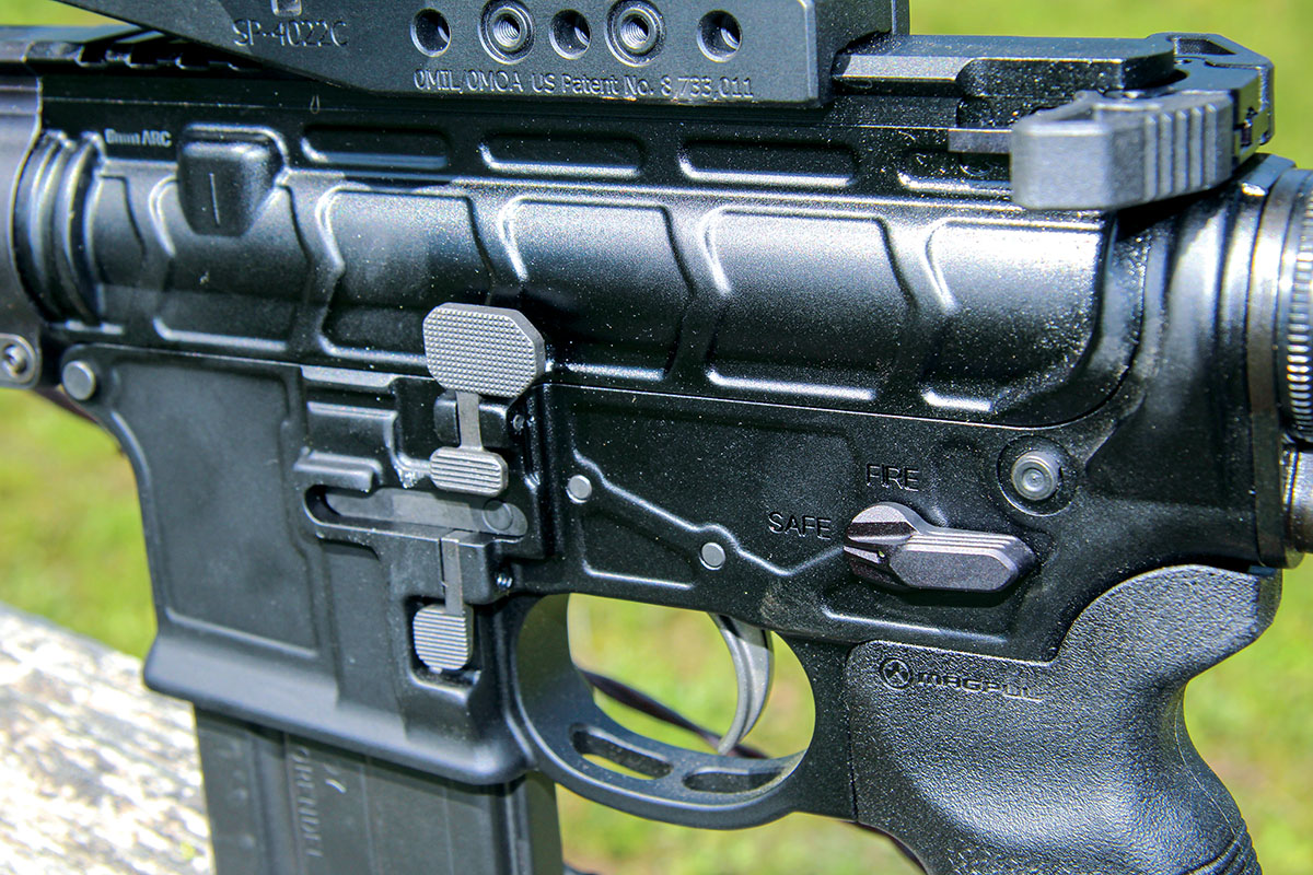 The lower of the PWS MK114 MOD M-2 includes ambidextrous controls, including the bolt release, magazine release and safety. This photo shows the left side of the lower receiver.
